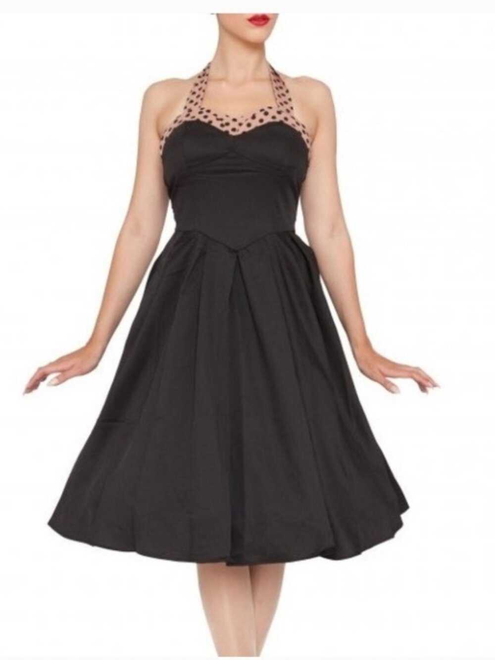 Lindy Bop Carola black cotton swing dress Tan polkadot halter UK 10/US 6